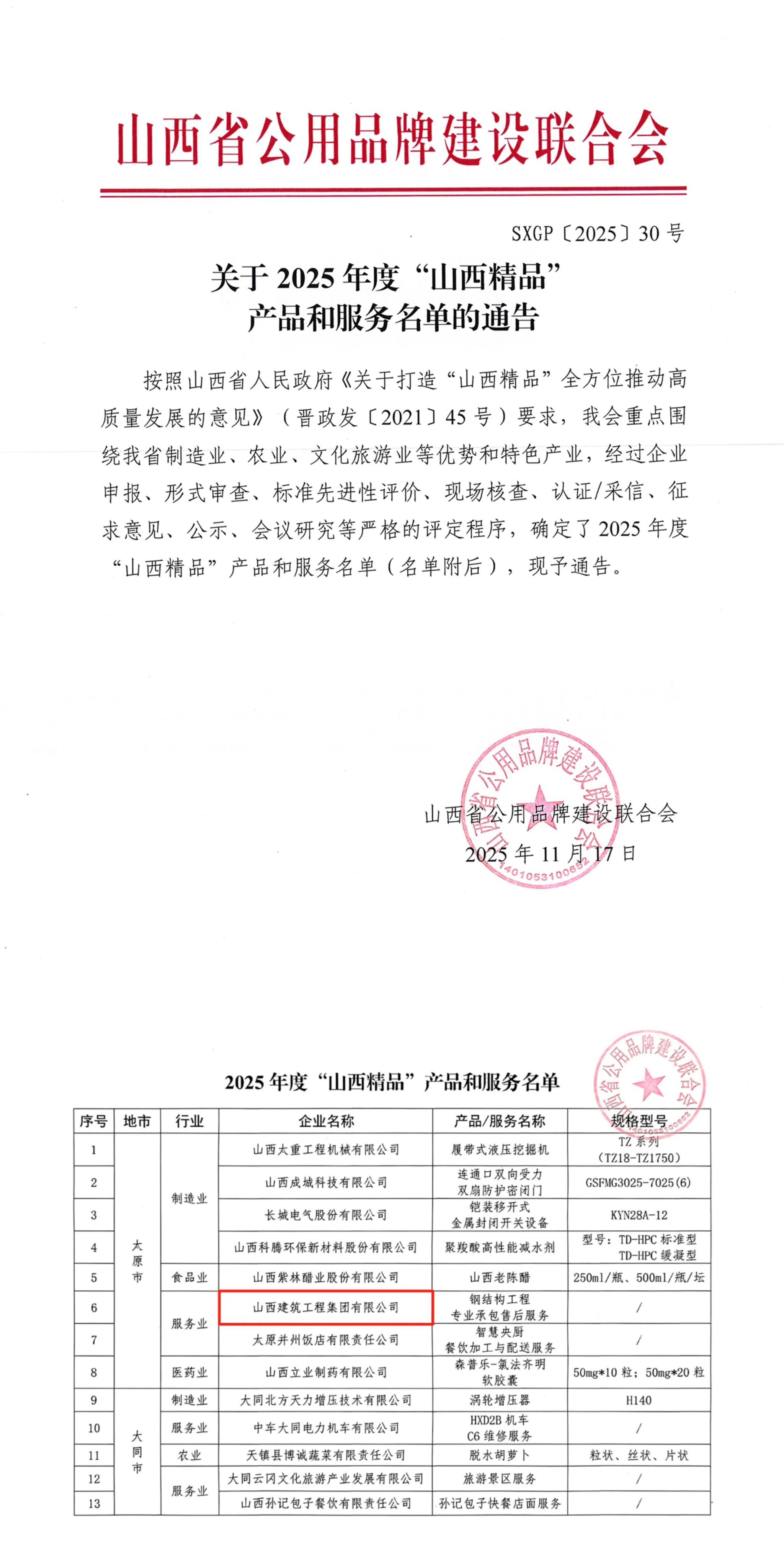 山西建投旗下公司通过“山西精品”公用品牌认证